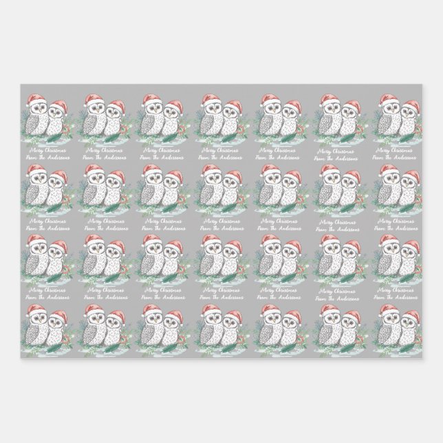 Papel de regalo plano de búho de Navidad conjunto  (Anverso)