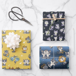 Papel de regalo plano de gato zodiacal lindo conju