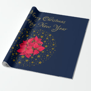 Papel De Regalo Planta de poinsettia roja sobre cielo azul estrell
