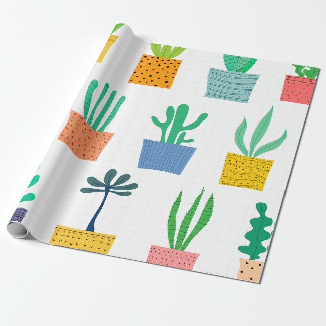 Papel De Regalo Plantas Potadas Coloridas (Desenrollado)