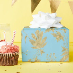Papel De Regalo Plantas y hojas de color azul pálido y dorado