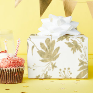 Papel De Regalo Plantas y Hojas de Color Blanco y Dorado