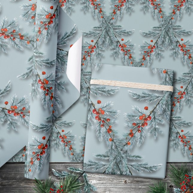Papel De Regalo Plata Blue Spruce Rojo Berries Lattice Dusty Blue (Subido por el creador)