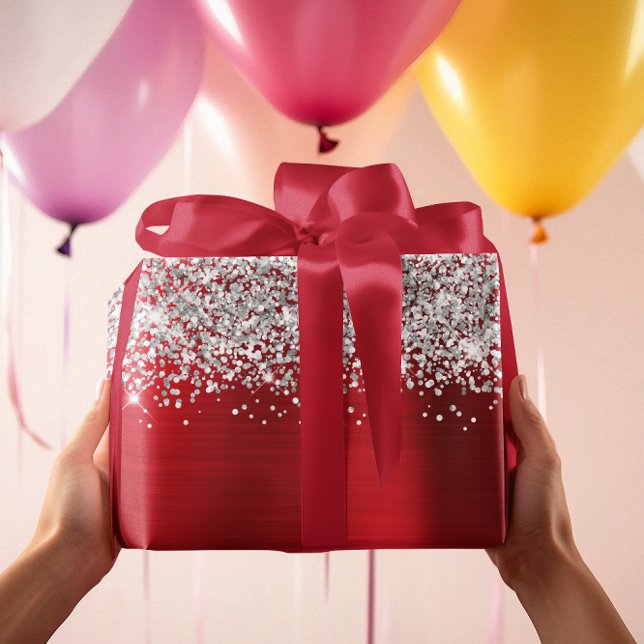 Papel De Regalo Plata Brillante Rojo Glam (Glittery Silver Red Glam Wrapping Paper)