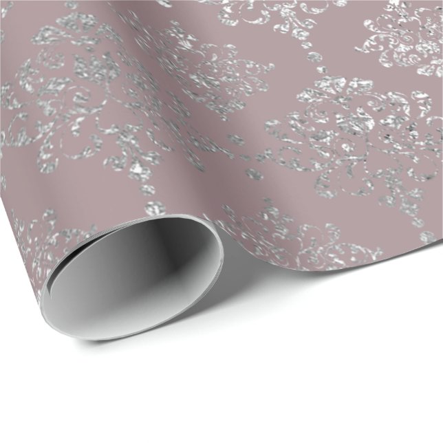 Papel De Regalo Plata Damask Royal Metallic Mauve Gray Pink (Esquina del rollo)