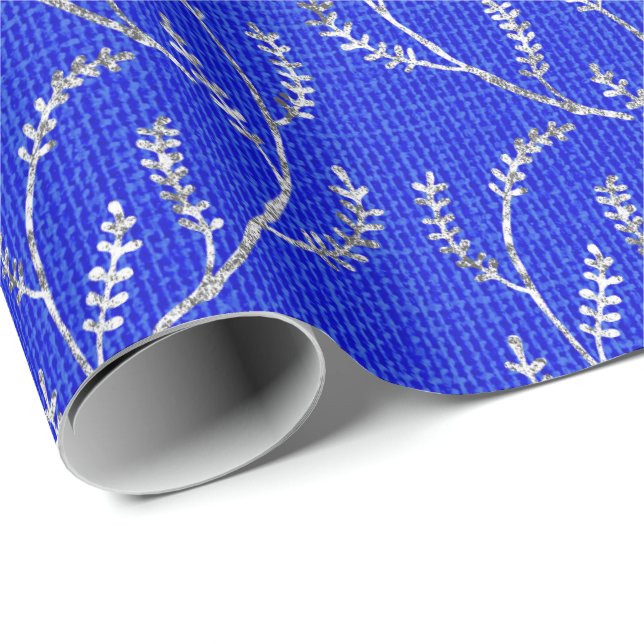 Papel De Regalo Plata de lino azul cobalto Laurel floral (Esquina del rollo)