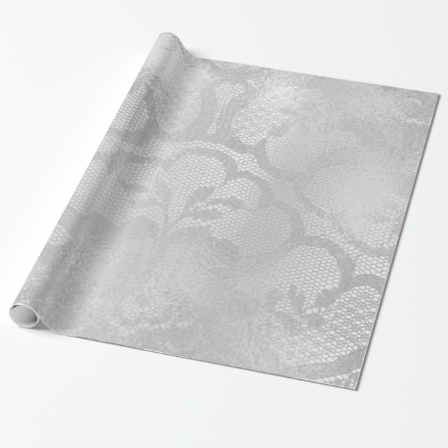 Papel De Regalo Plata Gris metálico Monocromo Bridal Floral Lace (Desenrollado)
