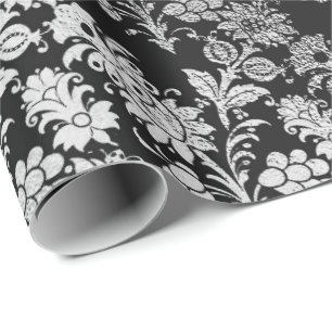 Papel De Regalo Plata gris Relieve metalizado negro Floral elegant