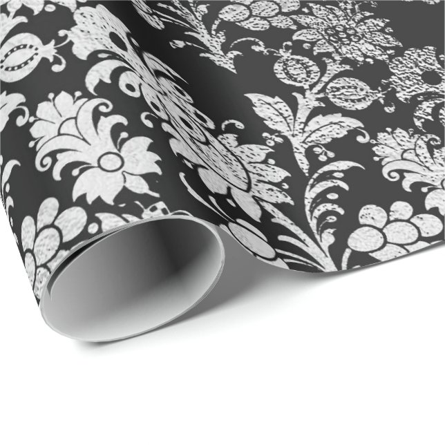 Papel De Regalo Plata gris Relieve metalizado negro Floral elegant (Esquina del rollo)