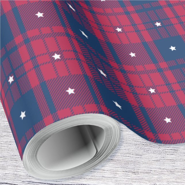 Papel De Regalo Plata Patriótica con Estrellas-Rojo-Blanco-Azul (Patriotic Plaid with Stars-Red-White-Blue Wrapping Paper Rolls by Leapfroglisics Shop)