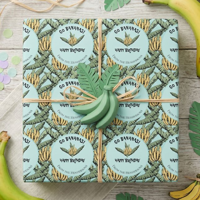 Papel De Regalo Plátano Turquesa Caprichoso (Tropical banana leaves and banana fruit illustrated pattern hand-drawn in black ink on turquoise.)