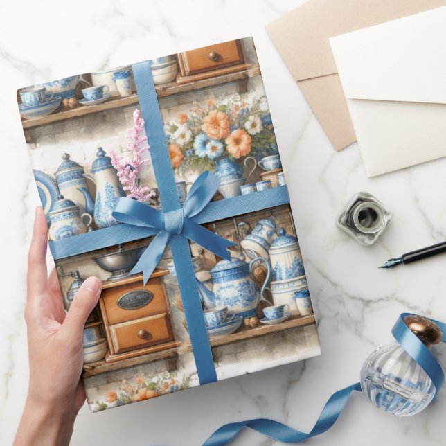 Papel De Regalo Platos antiguos azules y blancos (Regalar)