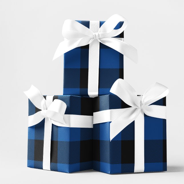 Papel De Regalo Platos de búfalo de chevron grandes azules y negro (Large Blue and Black Chevron Buffalo Plaid Wrapping Paper)