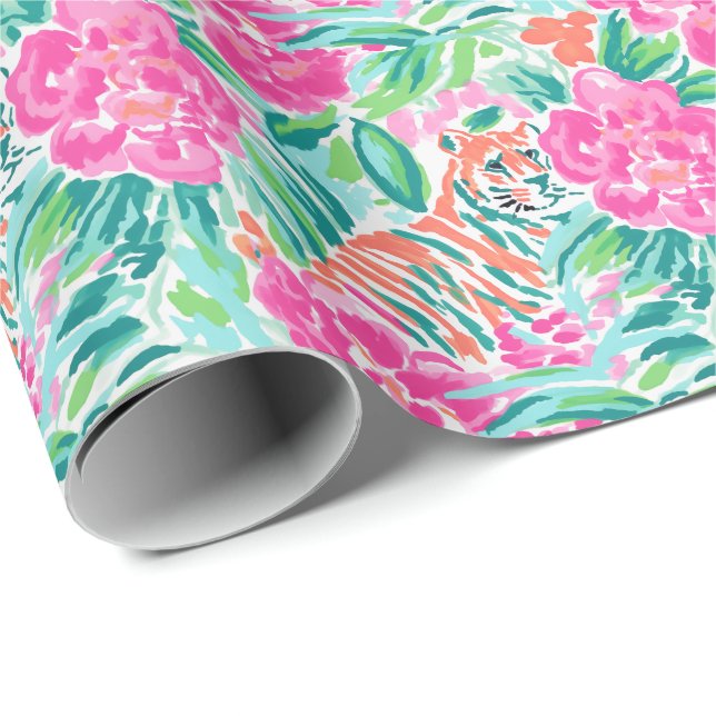 Papel De Regalo Playa de Palm Beach Preppy Imprime tigres rosados  (Esquina del rollo)