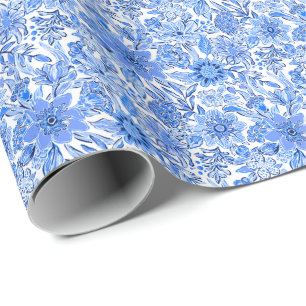 Papel De Regalo Playa de Palm Preppy Imprime flores azules y blanc