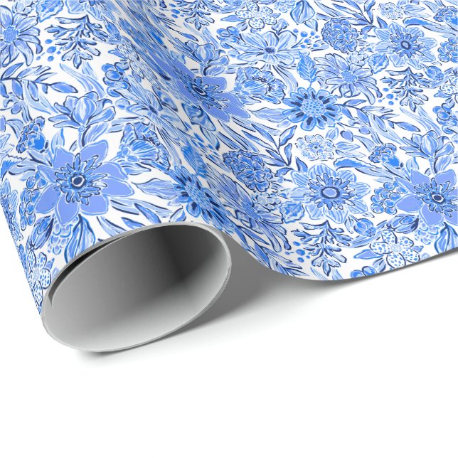 Papel De Regalo Playa de Palm Preppy Imprime flores azules y blanc (Esquina del rollo)
