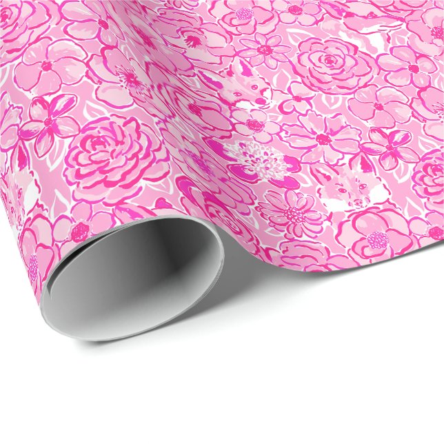 Papel De Regalo Playa de Palm Preppy Imprime Foxes y Flores Rosa (Esquina del rollo)