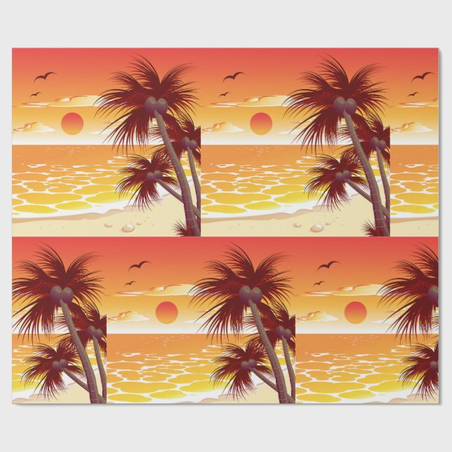 Papel De Regalo Playa de palmeras al atardecer tropical en la isla (Superficie plana)