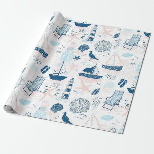 Papel De Regalo Playa Náutica Verano Azul Rosa Costero (1)