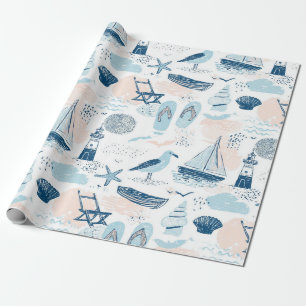 Papel De Regalo Playa Náutica Verano Azul Rosa Costero (2)