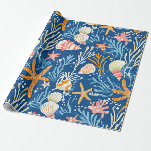 Papel De Regalo Playa Retro Concha Naranja Rosa Amarillo Azul
