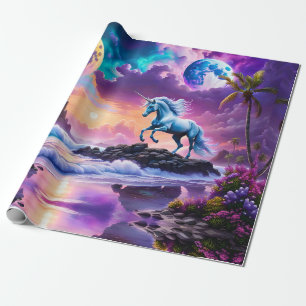 Papel De Regalo Playa Tropical de Fantasía de Unicornio Blanco