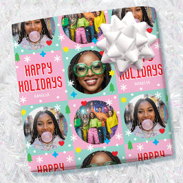 Papel De Regalo Playful Custom Photo Text Retro Pink Christmas
