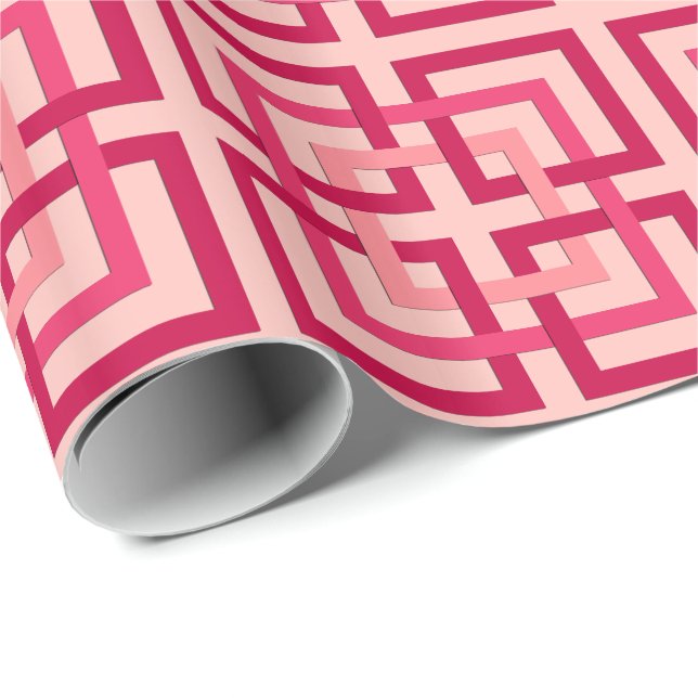 Papel De Regalo Plazas geométricas modernas, rosa coral y rojo (Esquina del rollo)