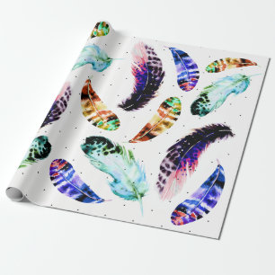 Papel De Regalo Plumas bohemias de moda de la acuarela y puntos