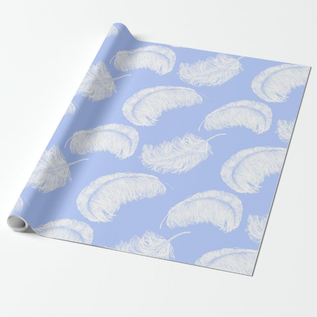 Papel De Regalo plumas de avestruz sobre fondo azul perwinkle  (Desenrollado)