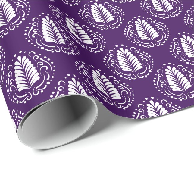 Papel De Regalo Plumas de damascos con estilo blanco y morado (Esquina del rollo)