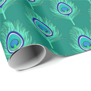Papel De Regalo Plumas de pavo real, Aqua sobre turquesa / pavo re