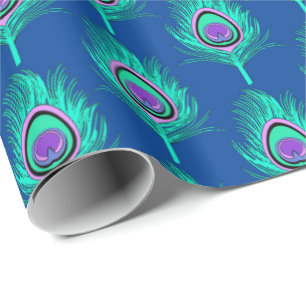 Papel De Regalo Plumas del pavo real, aguamarina en azul de