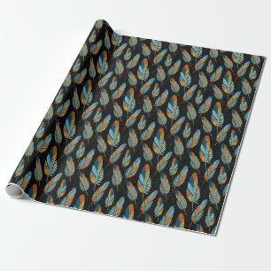Papel De Regalo Plumas dibujadas a mano: fondo colorido.