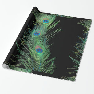 Papel De Regalo Plumas negras y verdes del pavo real