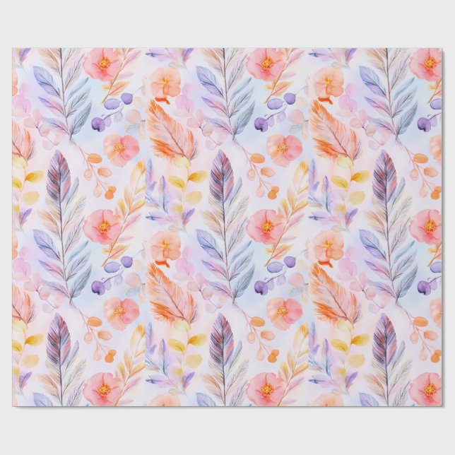 Papel De Regalo Plumas y flores de Boho (Superficie plana)