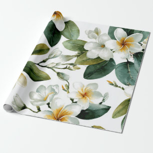 Papel De Regalo Plumeria Verde Blanca Hawái Frangipani Tropical