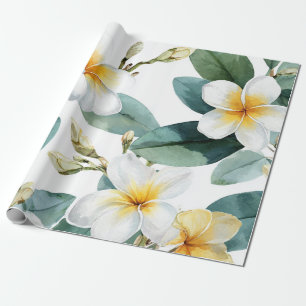 Papel De Regalo Plumeria Verde Blanca Hawái Frangipani Tropical