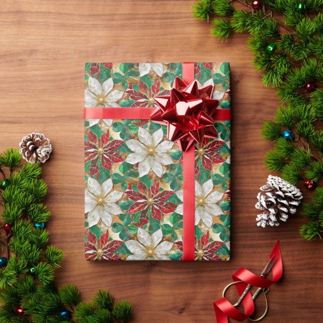 Papel De Regalo Poinsettia blanca de oro verde (Regalo de vacaciones)