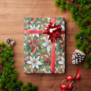 Papel De Regalo Poinsettia blanca verde dorada
