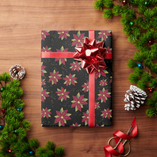 Papel De Regalo Poinsettia Clásica con Spritz Dorado sobre negro