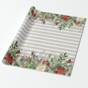 Papel De Regalo Poinsettia de acuarela con pino y franjas de casca