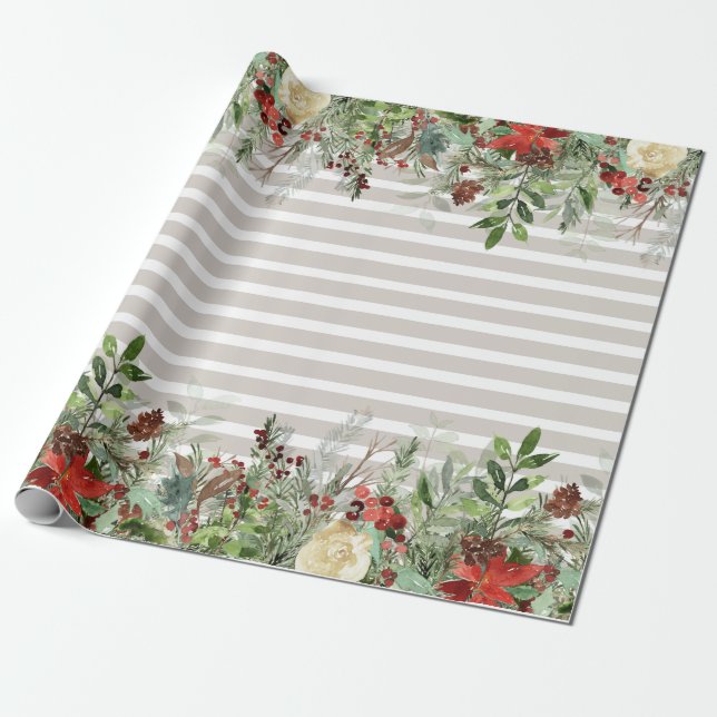 Papel De Regalo Poinsettia de acuarela con pino y franjas de casca (Desenrollado)