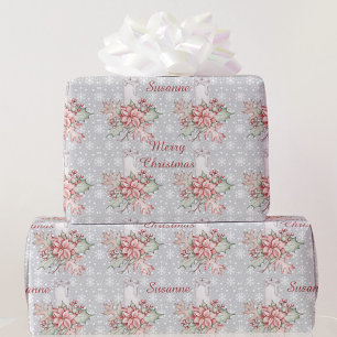Papel De Regalo Poinsettia de color de agua y Navidades de nombre