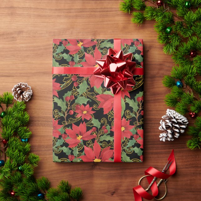 Papel De Regalo Poinsettia elegance on black wrapping paper (Regalo de vacaciones)