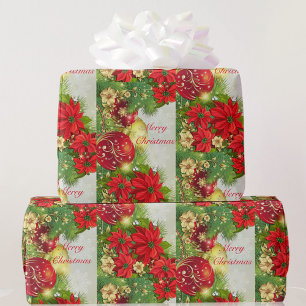 Papel De Regalo Poinsettia Merry Christmas Red Green Gift