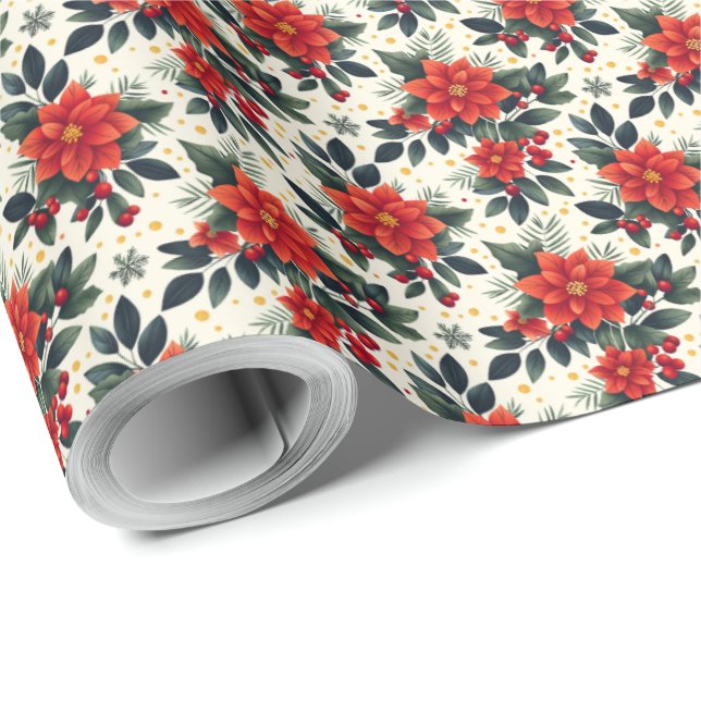 Papel De Regalo Poinsettia roja con Navidades de copas de nieve en (Esquina del rollo)