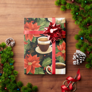 Papel De Regalo Poinsettia Roja de Navidad Chocolate Caliente Negr