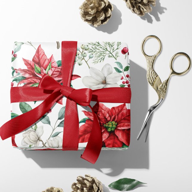 Papel De Regalo Poinsettia roja y blanca, Berries, Navidades holly (Red and White Poinsettia Traditional Christmas Wrapping Paper)
