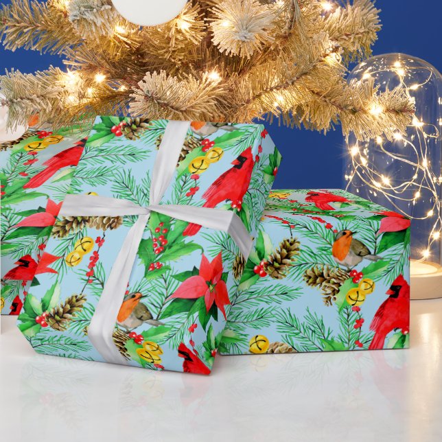 Papel De Regalo Poinsettia Spruce Branches Cones Robin Cardinals (Vacaciones)